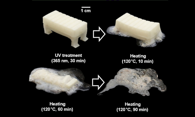 Quá trình robot phân hủy ở 120 độ C sau khi tiếp xúc với ánh sáng cực tím. Ảnh: Science Advances