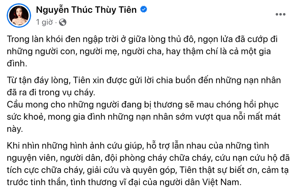 Thùy Tiên và nghệ sĩ Việt góp tiền giúp nạn nhân vụ cháy chung cư mini  - 1