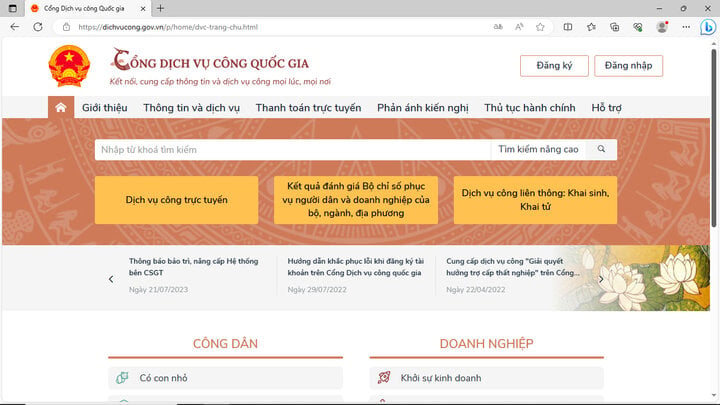 Giao diện Cổng dịch vụ công quốc gia. (Ảnh: B.M)