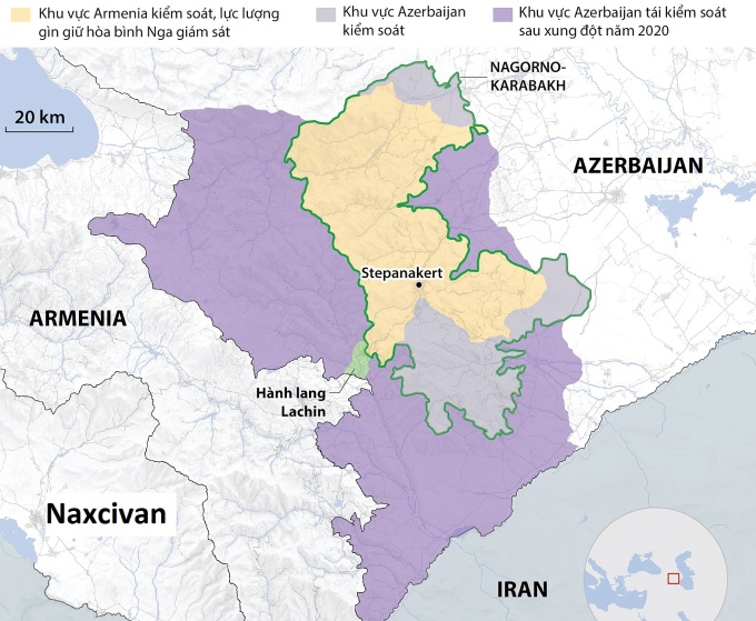 Vị trí vùng Nagorno-Karabakh và vùng Naxcivan, hai điểm nóng xung đột trong quan hệ Armenia - Azerbaijan. Đồ họa: AFP