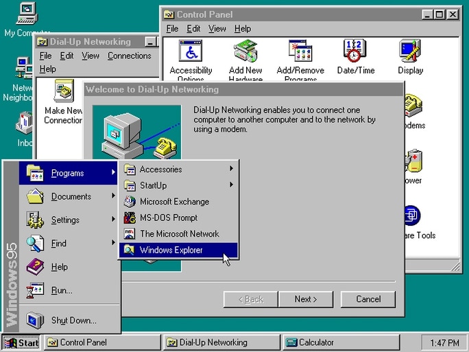 Thanh tác vụ Taskbar trên Windows 95. (Ảnh: Slash Gear)