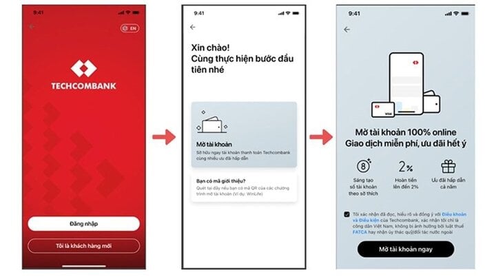 Tải ứng dụng Mobile Banking và chọn mở tài khoản. (Ảnh: Techcombank)