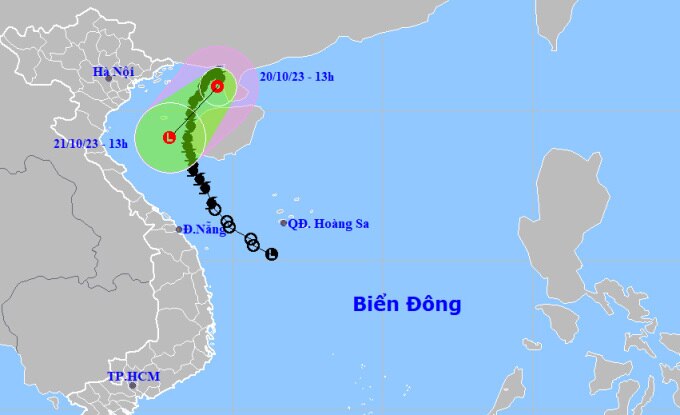 Dự báo đường đi và khu vực ảnh hưởng của áp thấp nhiệt đới lúc 13h ngày 20/10. Ảnh: NCHMF