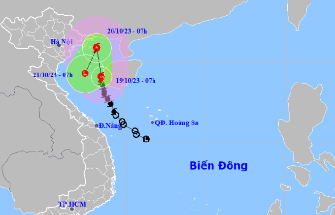 Dự báo đường đi và khu vực ảnh hưởng của bão Sanba lúc 7h ngày 19/10. Ảnh: NCHMF