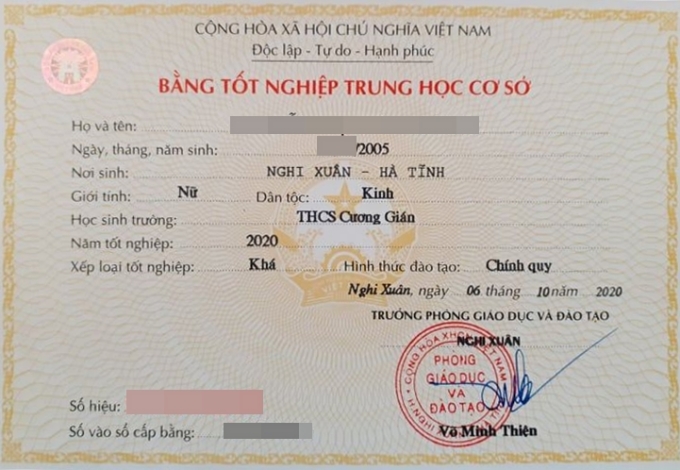 Bằng tốt nghiệp THCS của học sinh, dòng cuối có ghi xếp loại tốt nghiệp loại khá. Ảnh: Website THCS Cương Gián, Hà Tĩnh