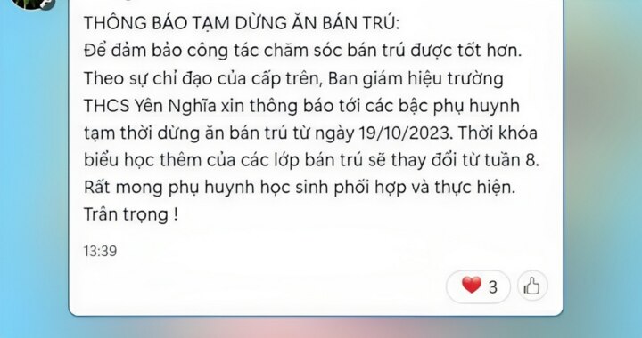 Tin nhắn thông báo tạm dừng cung cấp bữa ăn bán trú được gửi tới phụ huynh trường THCS Yên Nghĩa.