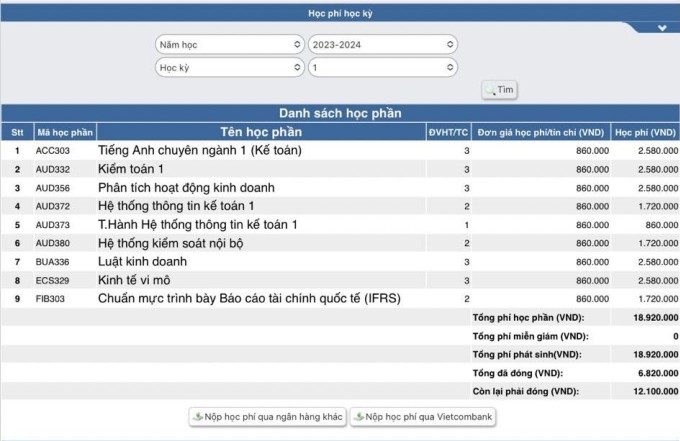 Mức học phí của Phương Nga được thông báo sáng 3/10. Ảnh: Nhân vật cung cấp