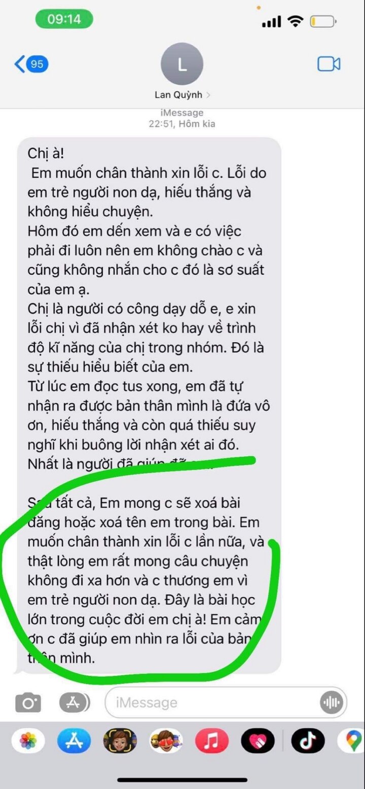 Lan Quỳnh đã gửi tin nhắn xin lỗi qua điện thoại đến ca sĩ Đinh Trang