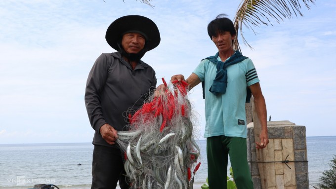 Ông Trường Quang Tân (bên trái) cùng bạn chài đưa mớ cá dổi vừa đánh được lên bờ làng chài Mũi Né, TP Phan Thiết, Ảnh: Việt Quốc