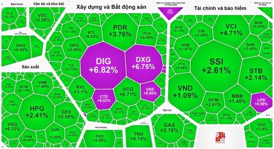 Bảng điện ngập sắc xanh và có cả sắc tím dù VN-Index phục hồi nhẹ