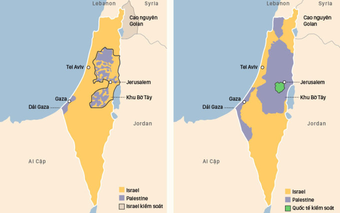 Lãnh thổ Israel - Palestine hiện nay (trái) và do Liên Hợp Quốc đề xuất năm 1947. Đồ họa: Việt Chung