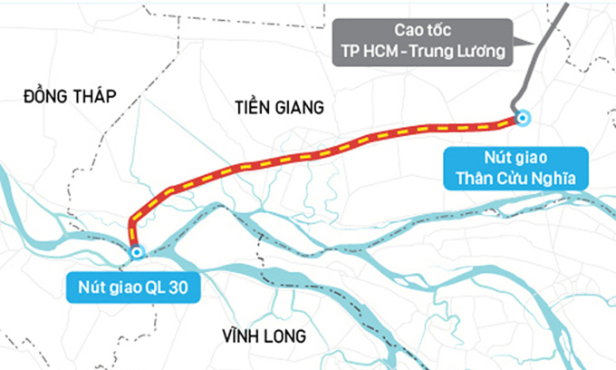 Hướng tuyến cao tốc Trung Lương - Mỹ Thuận. Đồ họa: Đồ hoạ: Bộ Giao thông Vận tải