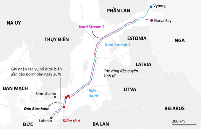 Vị trí rò rỉ sau các vụ nổ trên đường ống Nord Stream 1 và 2 tháng 9/2022. Đồ họa: Guardian