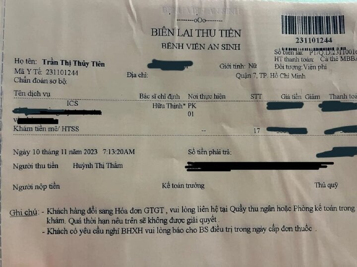 Hóa đơn viện phí cho thấy nữ ca sĩ nhập viện ngày 10/11.