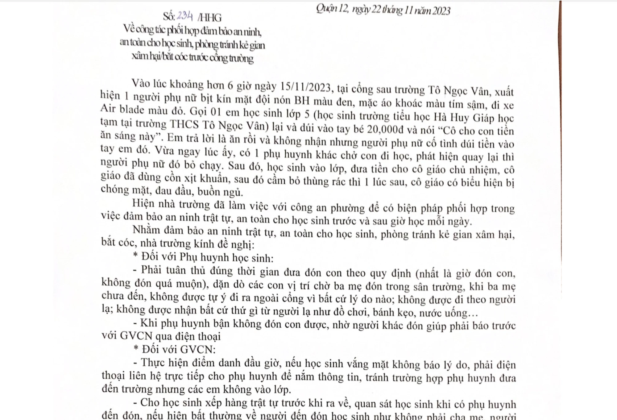 Người lạ cho tiền học sinh, hiệu trưởng cảnh báo 'phòng tránh kẻ gian' - Ảnh 2.