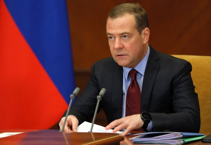 Phó chủ tịch Hội đồng An ninh Nga Dmitry Medvedev trong một cuộc họp trực tuyến hồi tháng 4/2022. Ảnh: AFP