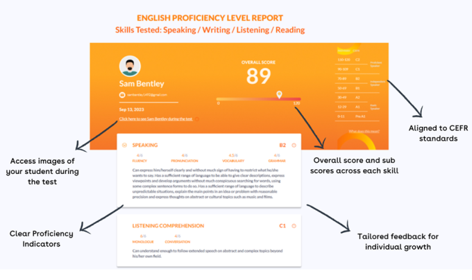 Bảng điểm của bài thi Envoy gồm có thông tin cá nhân của thí sinh, điểm số, điểm quy đổi theo khung tham chiếu châu Âu, phần giải thích điểm số từng kỹ năng... Ảnh chụp màn hình