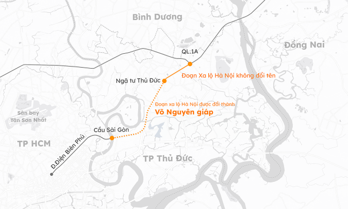 Đoạn xa lộ Hà Nội được đổi tên thành Võ Nguyên Giáp. Đồ hoạ: Khánh Hoàng