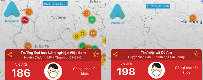 Những địa điểm có chỉ số ô nhiễm không khí ở mức cao lúc trưa nay 3/12, theo ứng dụng PAM Air.