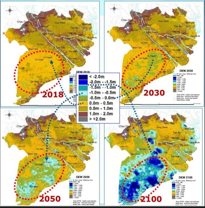 Hình ảnh cao độ địa hình xuống mức âm do sụt lún (màu xanh dươngg) ở Đồng bằng sông Cửu Long dự báo đến năm 2100. Ảnh: BTC
