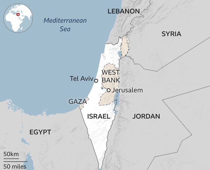 Vị trí Dải Gaza và Bờ Tây. Đồ họa: BBC