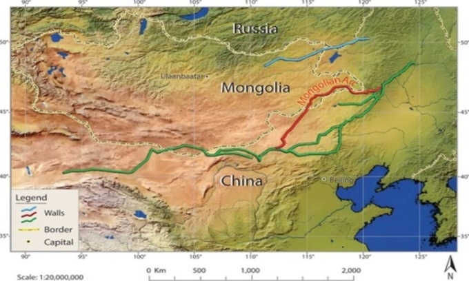 Vị trí của vòng cung Mông Cổ (đường màu đỏ). Ảnh: Field Archaeology