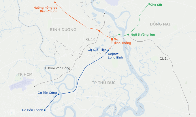 Hướng tuyến Metro số 1 và hai hướng dự định kéo dài lên Đồng Nai, Bình Dương. Đồ họa:Khánh Hoàng