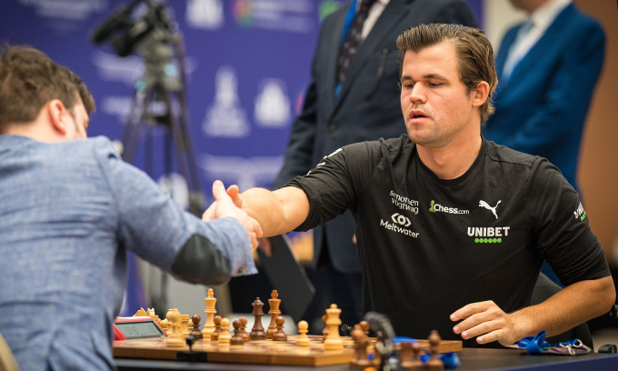 Magnus Carlsen tại giải cờ nhanh, chớp thế giới 2023 tại thành phố Samarkand, Uzbekistan từ 26/12 đến 30/12. Ảnh: FIDE