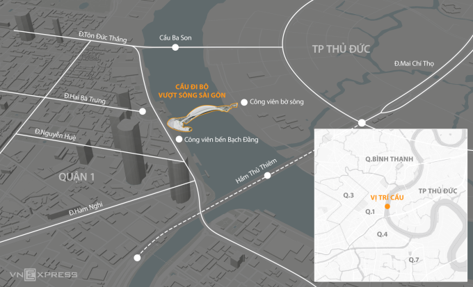 Vị trí xây cầu đi bộ vượt sông Sài Gòn. Đồ họa: Khánh Hoàng