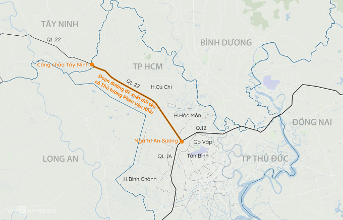 Đoạn quốc lộ 22 được đề xuất mang tên cố Thủ tướng Phan Văn Khải. Đồ hoạ: Khánh Hoàng