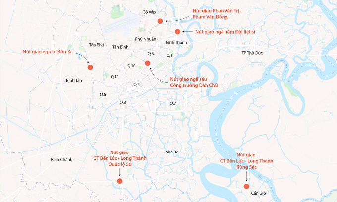 Vị trí 6 nút giao được đề xuất ưu tiên triển khai trong giai đoạn 2024-2030. Đồ hoạ: Đăng Hiếu