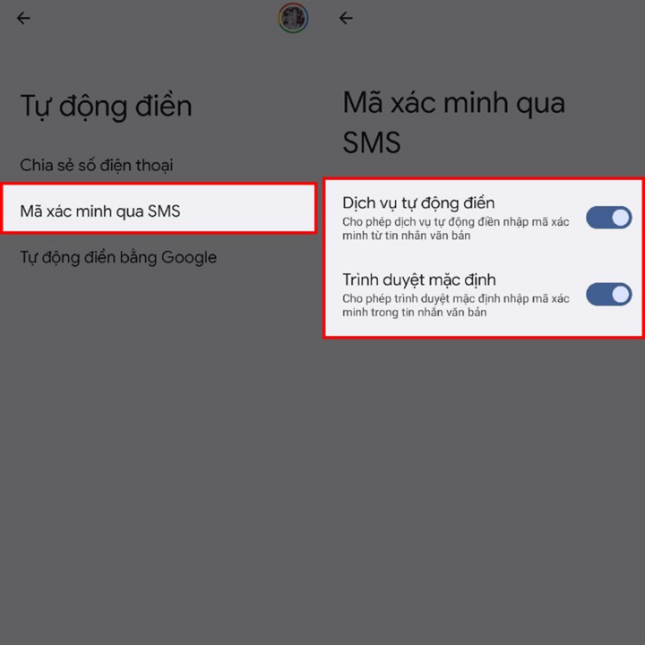 Mã xác minh qua SMS > Dịch vụ tự động điền > Trình duyệt mặc định.