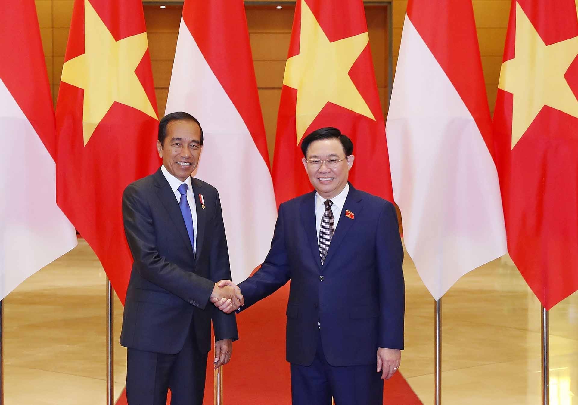 Chủ tịch Quốc hội Vương Đình Huệ và Tổng thống Indonesia Joko Widodo. (Nguồn: TTXVN)