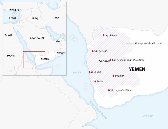 Các khu vực tại Yemen bị Mỹ, Anh tập kích ngày 12/1 (chấm đỏ). Đồ họa: CNN, AFP