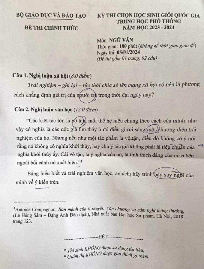 Đề Văn thi học sinh giỏi quốc gia hỏi về giá trị người trẻ