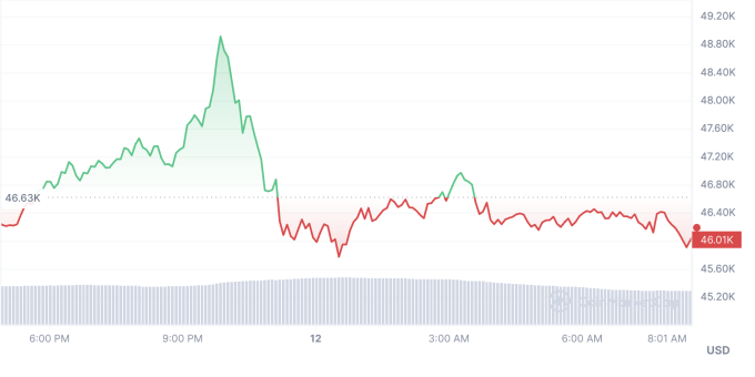 Giá Bitcoin đang rung lắc quanh 46.000 USD một đơn vị, đi ngang so với hôm qua. Ảnh: CoinMarketCap