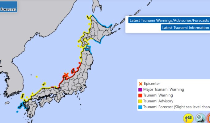 Các mức cảnh báo sóng thần của Cơ quan Khí tượng Nhật Bản: màu tím là cảnh báo sóng thần lớn, màu đỏ là cảnh báo sóng thần, màu vàng là khuyến cáo sóng thần