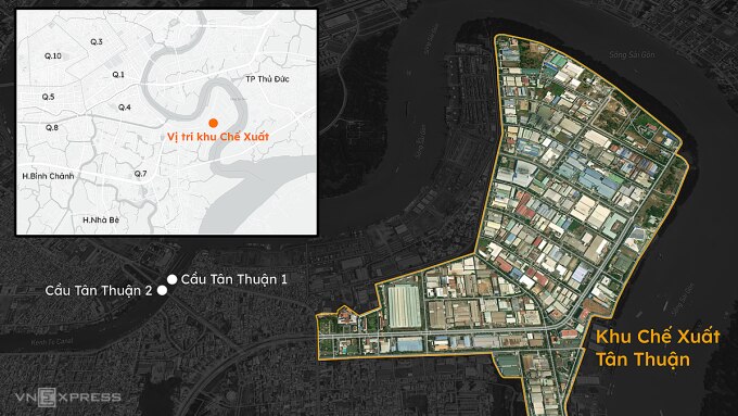 Khu chế xuất Tân Thuận gần trung tâm TP HCM và khu đô thị mới Thủ Thiêm. Đồ họa: Khánh Hoàng