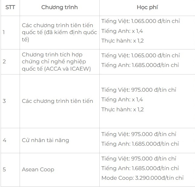 Học phí các chương trình đào tạo tại TP HCM của Đại học Kinh tế TP HCM. Ảnh: Chụp màn hình