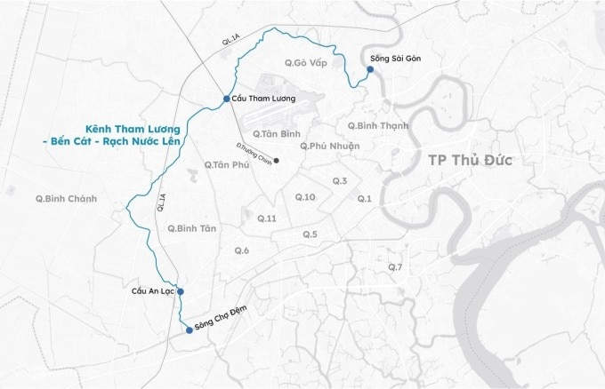 Hướng tuyến kênh Tham Lương - Bến Cát - rạch Nước Lên. Đồ hoạ: Khánh Hoàng