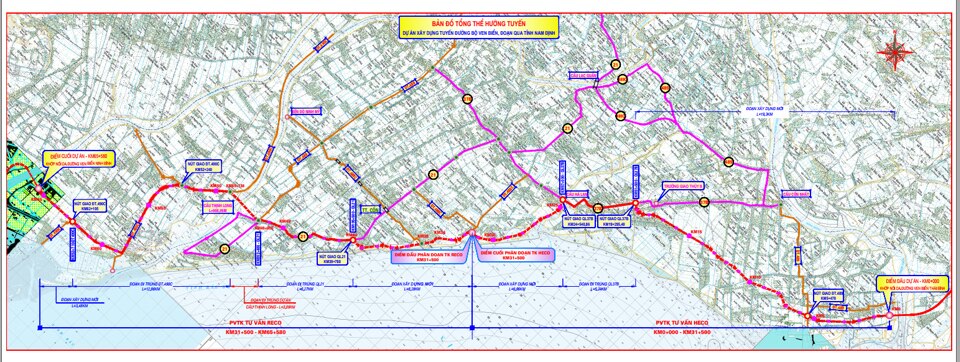 Bản đồ tổng thể hướng tuyến dự &aacute;n x&acirc;y dựng tuyến đường bộ ven biển, đoạn qua tỉnh Nam Định. Ảnh: Ban Quản l&yacute; dự &aacute;n tuyến đường bộ ven biển, đoạn qua tỉnh Nam Định.