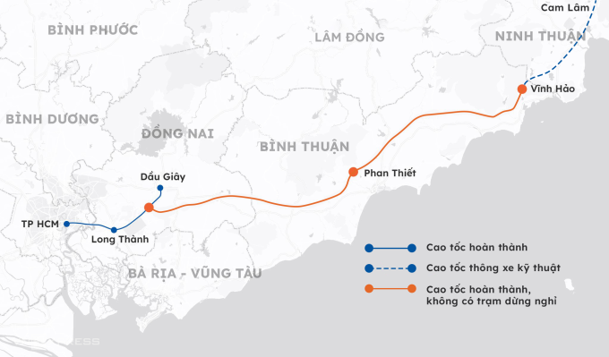 Tuyến cao tốc từ Dầu Giây đến Vĩnh Hảo dài gần 200 km chưa có trạm dừng. Đồ hoạ: Khánh Hoàng