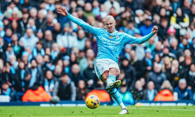 Haaland trong pha làm bàn ấn định thắng lợi 2-0 cho Man City trước Everton ngày 10/2. Ảnh: mancity.com