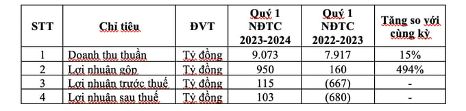 Kết quả kinh doanh hợp nhất HSG quý 1 NĐTC 2023 - 2024 (tỷ đồng).