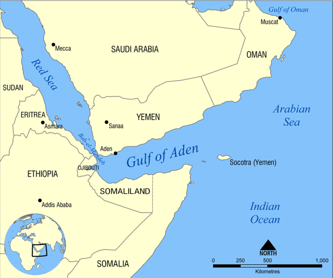 Vị trí eo biển Bab al-Mandab, còn gọi là Bab el-Mandeb, và Vịnh Aden. Đồ họa: Wikipedia