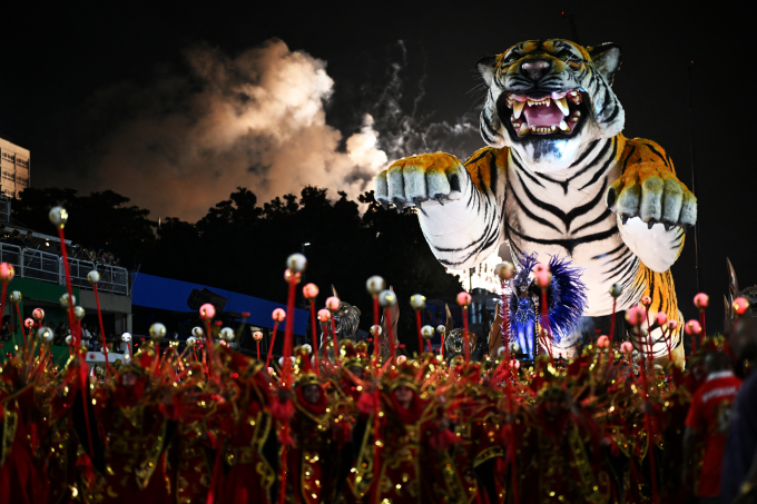 Xe diễu hành hình con hổ của trường samba Porto da Pedra tại lễ hội carnival ở Brazil, ngày 11/2. Ảnh: AFP