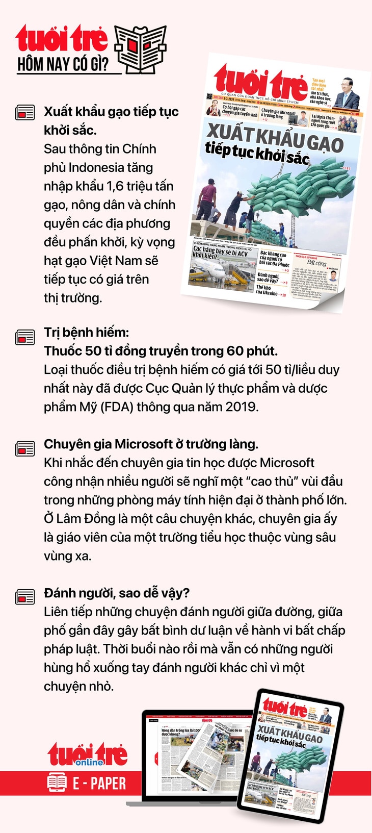 Tin tức đáng chú ý trên Tuổi Trẻ nhật báo ngày 1-3. Để đọc Tuổi Trẻ báo in phiên bản E-paper, mời bạn đăng ký Tuổi Trẻ Sao TẠI ĐÂY