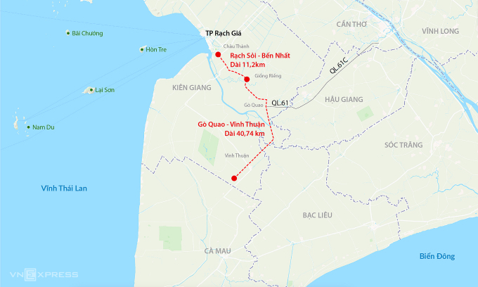 Hướng tuyến 52 km đường Hồ Chí Minh qua hai tỉnh miền Tây. Đồ họa: Đăng Hiếu