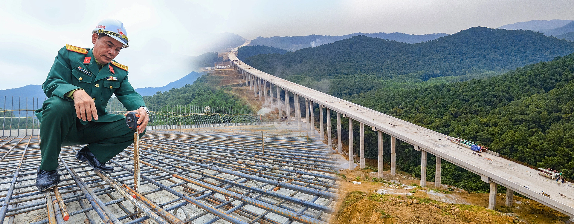 Đại tá Lê Minh Đức kiểm tra kỹ thuật thi công cốt thép trước khi đổ bê tông bản mặt cầu Thần Vũ