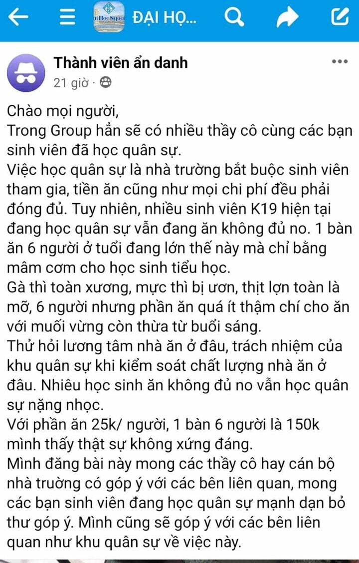 Bài viết phản ánh bữa cơm không đủ no tại Trung tâm Quốc phòng - An ninh (ĐH Huế). (Ảnh chụp màn hình)